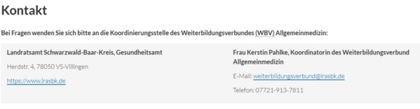 Bild vergrößern: Bild der Kontaktdaten von den Verantwortlichen des Weiterbildungsverbundes Allgemeinmedizin Schwarzwald-Baar-Kreis